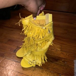 Boutique yellow fringe sandal heels